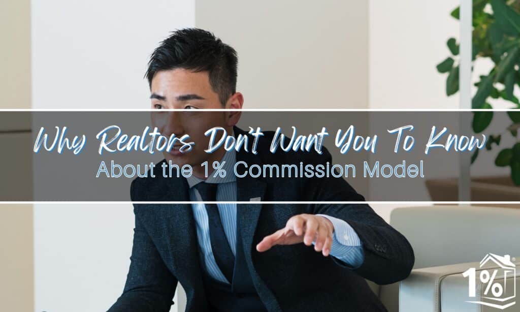 Man in business attire gesturing while discussing real estate, with overlay text promoting a blog about the 1% commission realtor model.